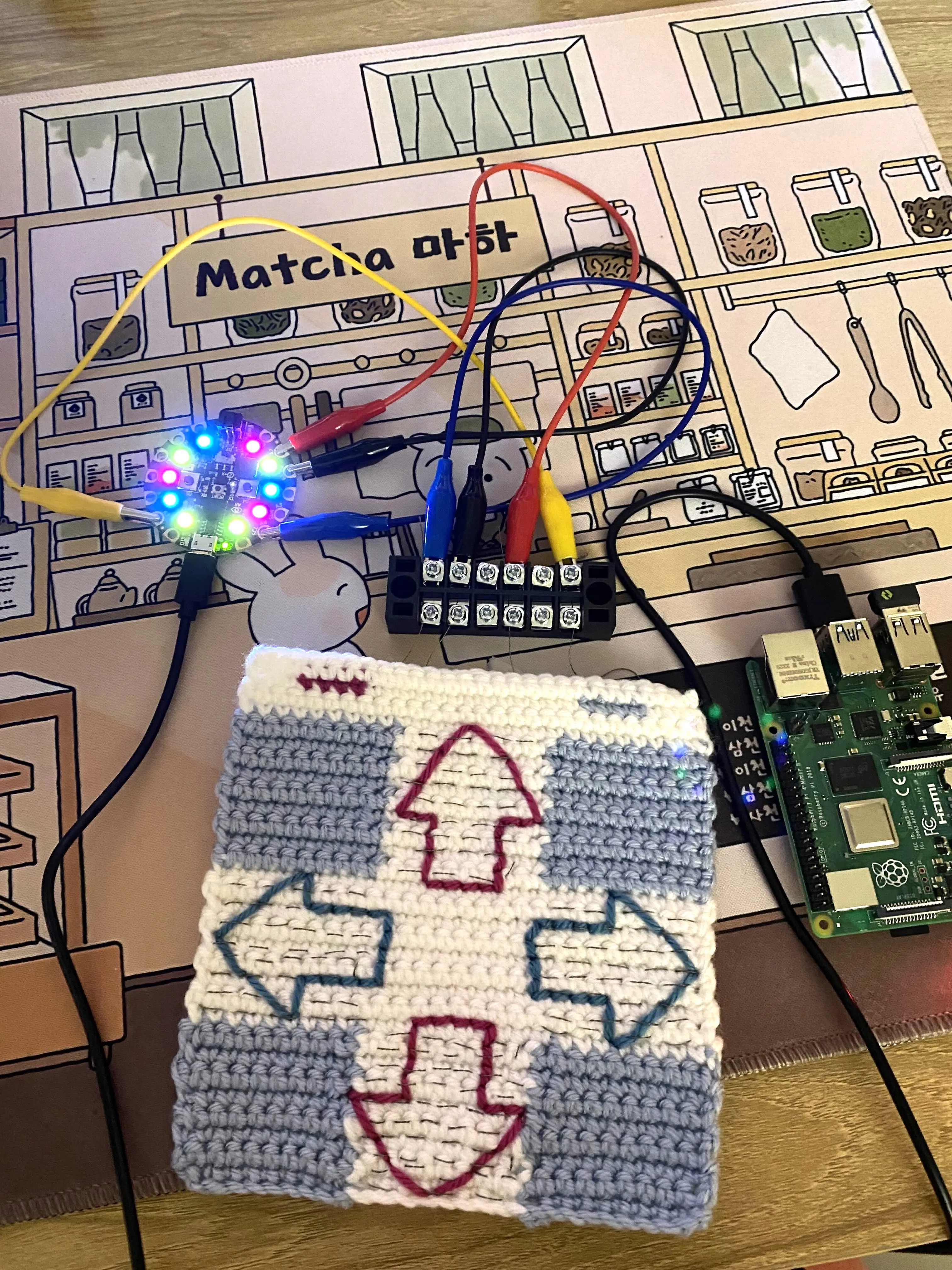 Crocheted Dance Dance Revolution mat connected to Raspberry Pi